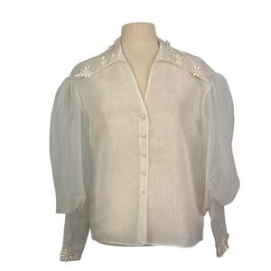 Farinae Collections Vintage Sheer Organza Puff Sleeve Floral Applique Blouse 6